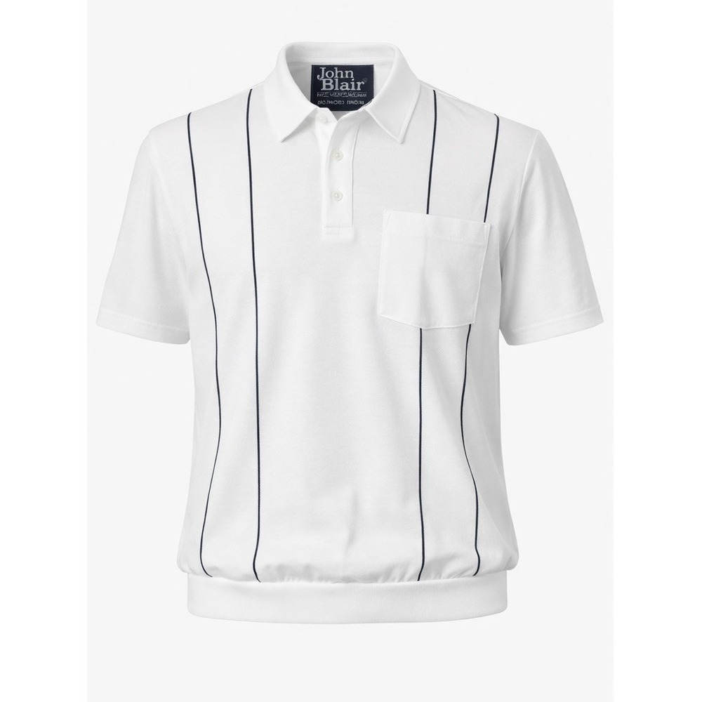 John Blair 90s Vtg White Navy Banded Waist Polo‎ Shirt Size M Short Sleeve Golf